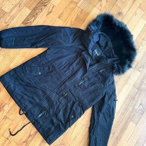 Express Black Hooded Parka with Faux Fur Trim